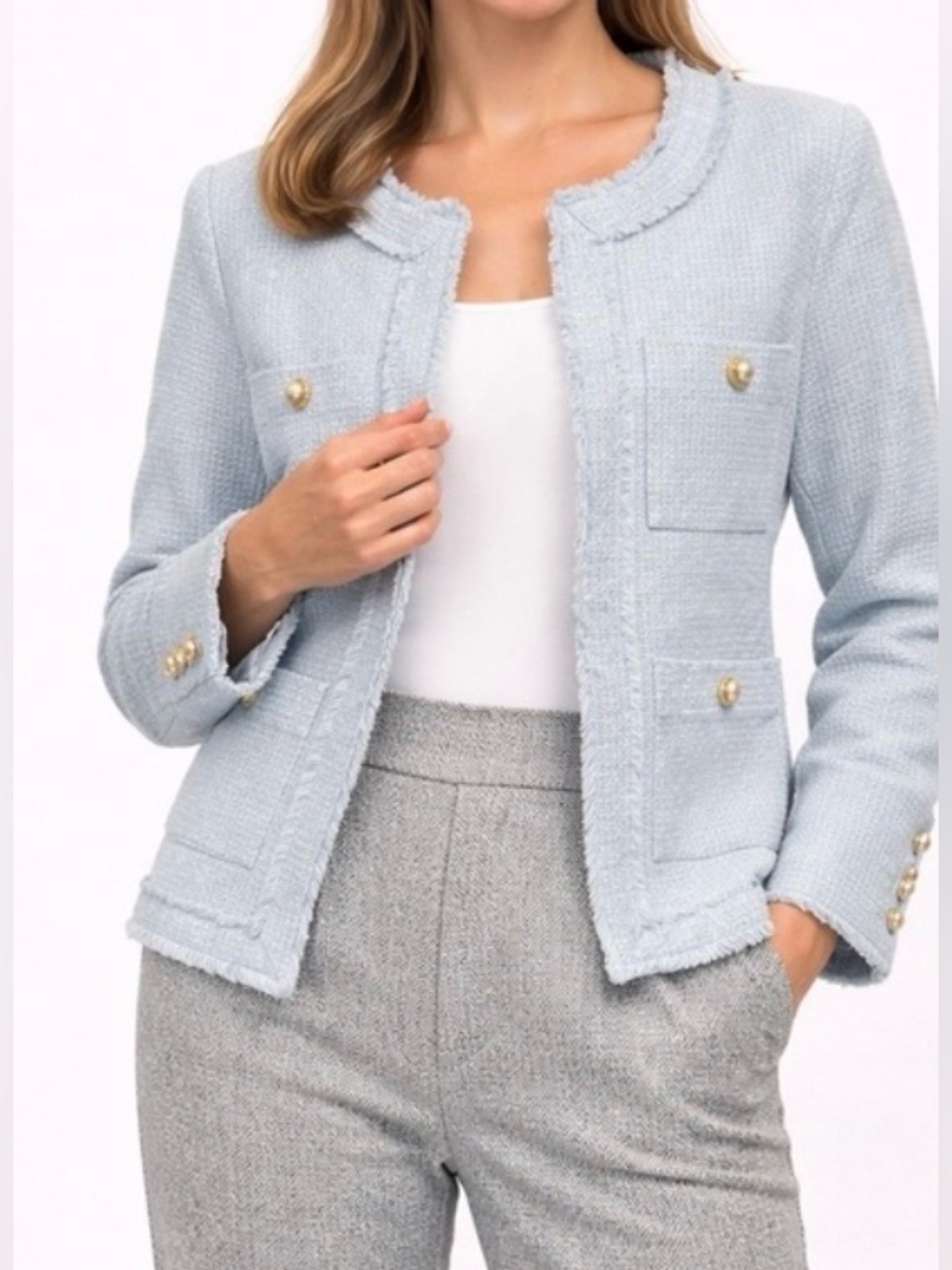 NWT - NANETTE LEPORE - Women's Fringe Trim Open Front Jacket In Dream Blue